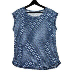 T by Talbots Shirt Lp Pettite Cap Sleeve Ruched Side Blue White Geo Tunic Top